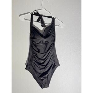 Black Ruched Halter One-Piece Swimsuit Size L